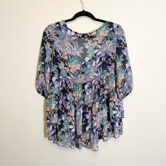 Express Women's Blue Floral V-Neck 3/4 Sleeve Tiered Cardigan Cover-Up Top Large - Picture 2 of 13